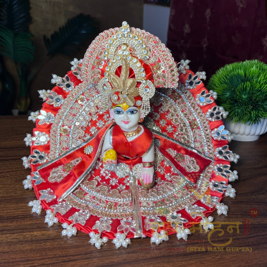 Premum Red Mirrror And Pote Work Ladoo Gopal Dress With Pagdhi