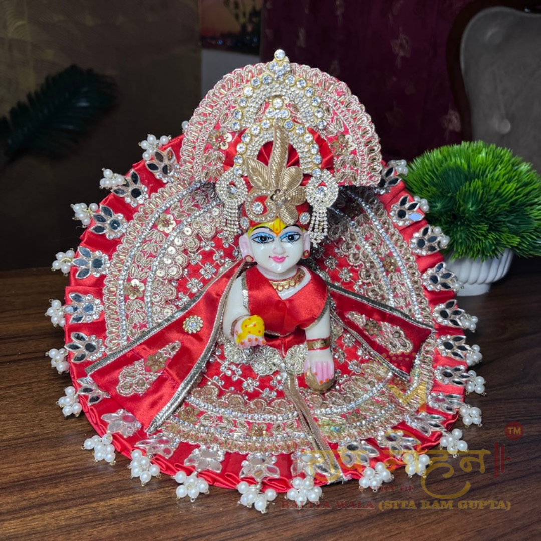 Premum Red Mirrror And Pote Work Ladoo Gopal Dress With Pagdhi