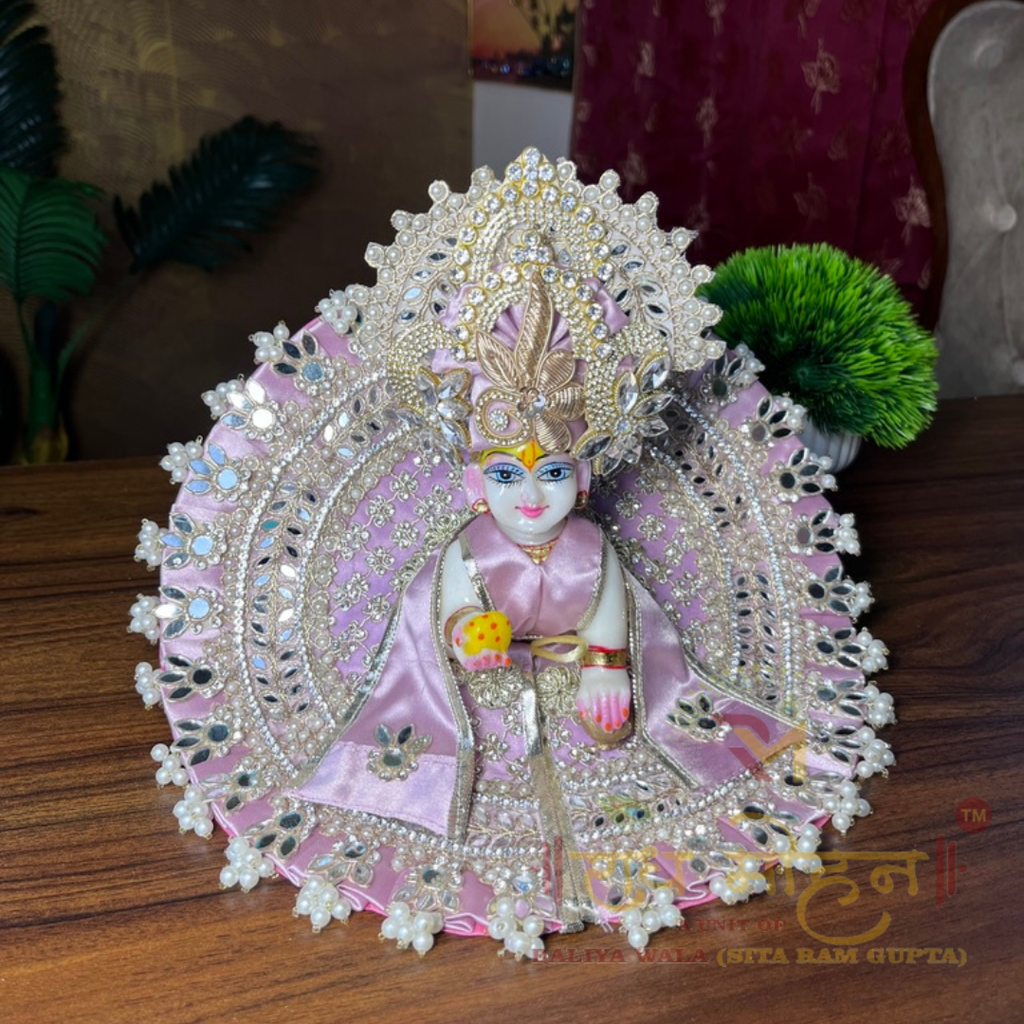 Premium Light Lavender Mirror and Pote Work Ladoo Gopal Dress With Pagdhi