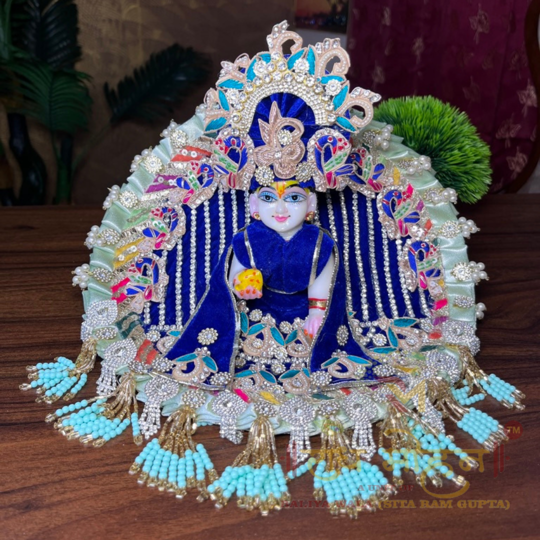 Premium Royal Blue & Sea Green Heavy Work Ladoo Gopal Dress With Pagdhi