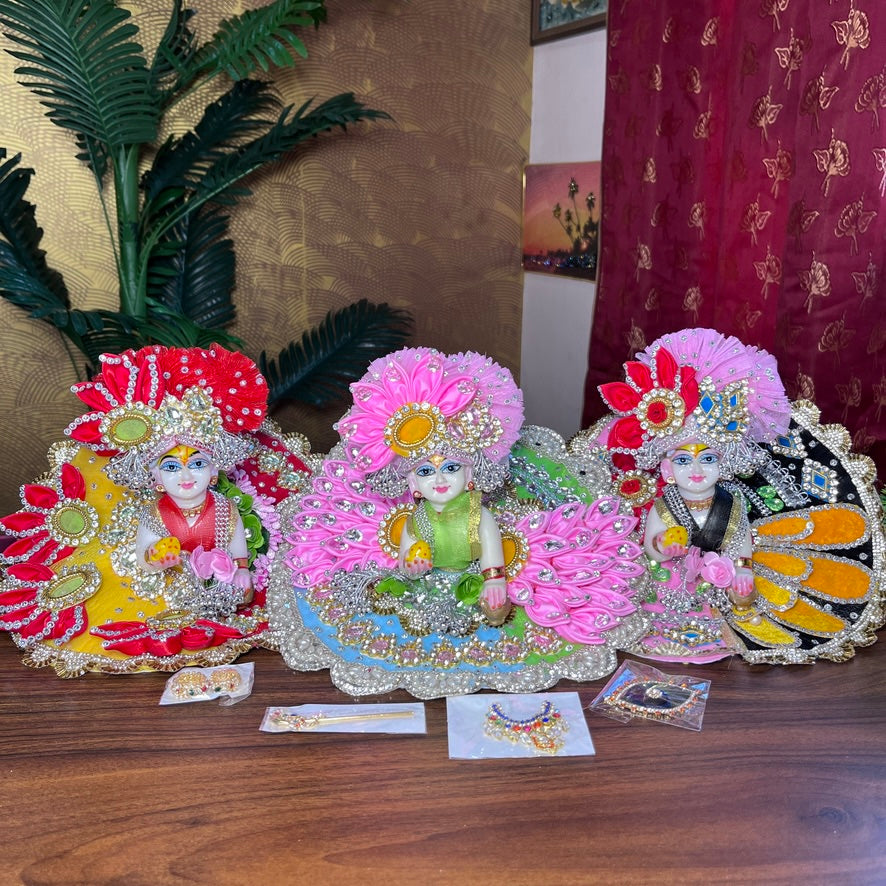 3 Pcs Premium Heavy Ladoo Gopal Dress With Kadhe Bansi Har & Mor Par In Random Design & Colour